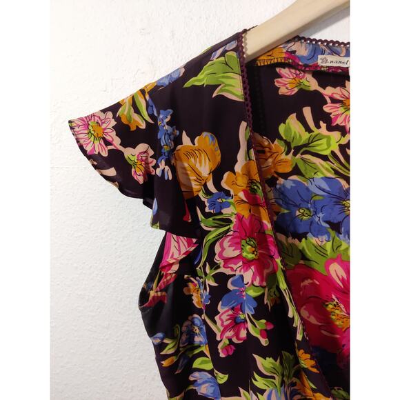 Nanette Lepore 100% Silk Black Pink Multi Floral Flutter Sleeve Faux Wrap Top 2 - Picture 2 of 8